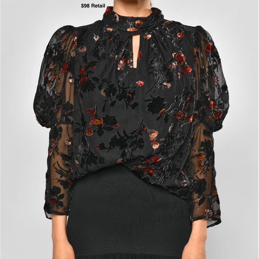 FRENCH CONNECTION Guthern Velvet Burnout Top Size L Black Floral Puff Sleeve